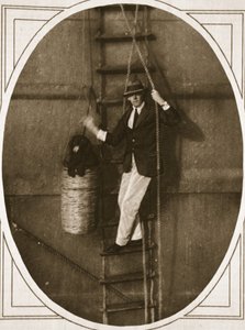 Always ready to go ashore: lowering a dog into a boat for landing, illustration from 